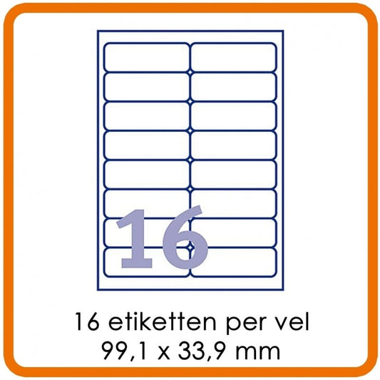 Self-adhesive labels on A4 - 16 Labels per sheet (99.1 x 33.9 mm) white