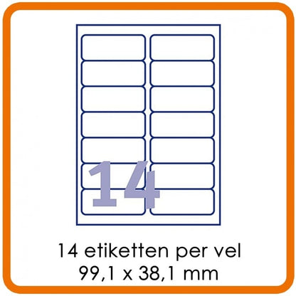 Zelfklevende etiketten op A4 - 14 etiketten per vel (99,1 x 38,1 mm) wit