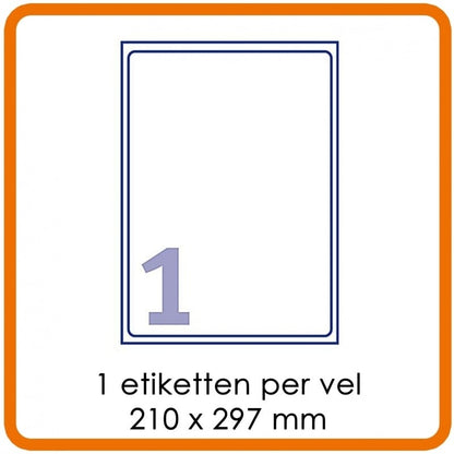 Zelfklevende etiketten op A4 - 1 etiket per vel (210 x 297 mm) Wit