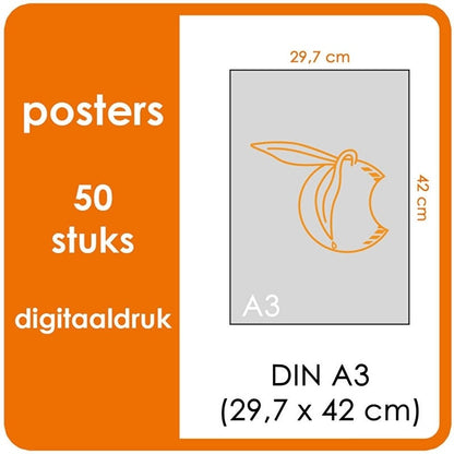 A3 Posters - prijs voor 50 stuks. Drukformaat: 420mm x 297mm. Papier: DCP Wit 160 g/m² (Prijs per pak. Full colour bedrukking)