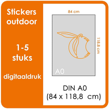 A0 Stickers outdoor - prijsgroep voor 1 t/m 5 stuks. Printformaat: 840 mm x 1189 mm. (Prijs per stuk)